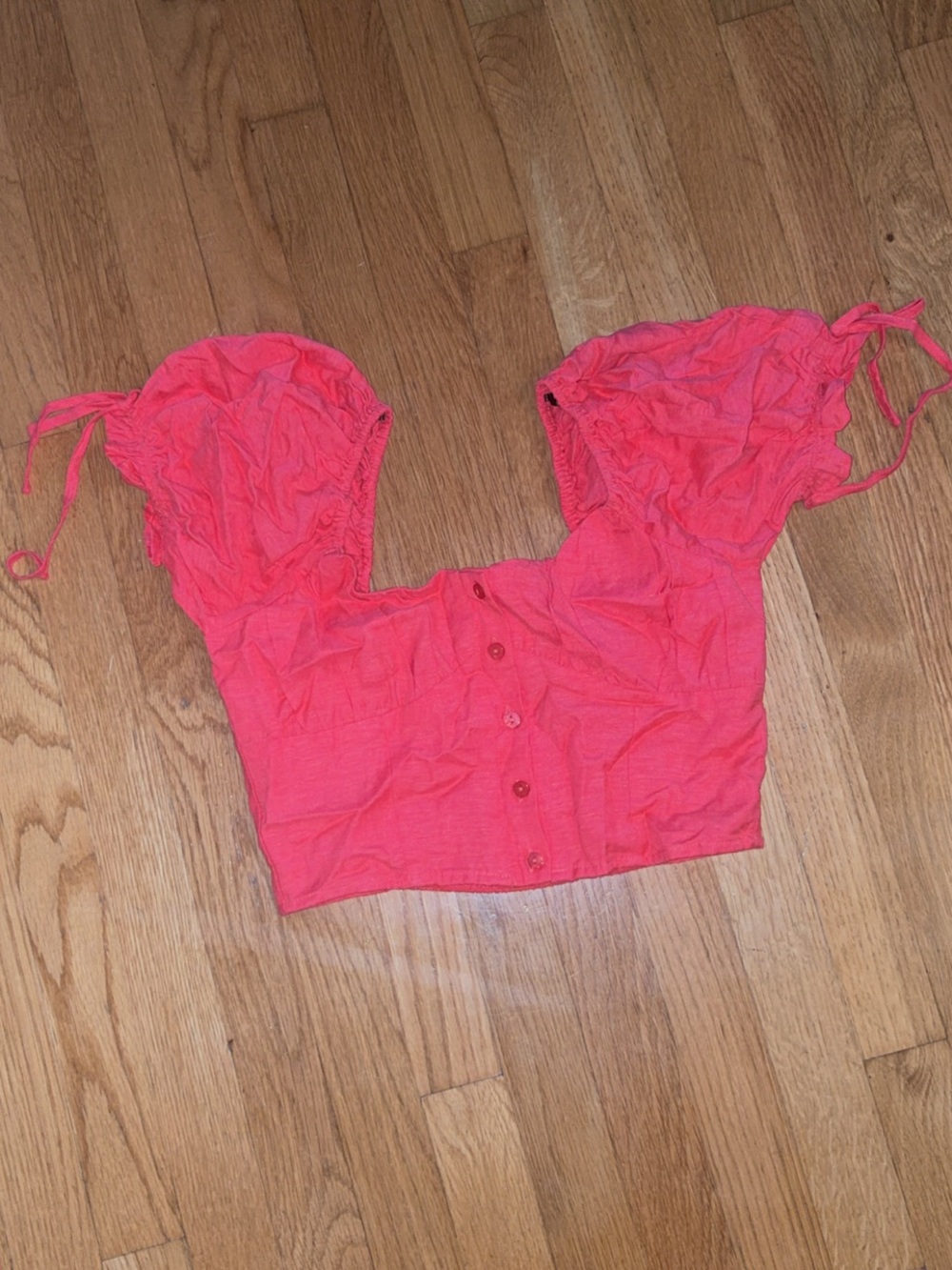 Forever 21 Coral Pink Puff Sleeve Button-Front Crop Top